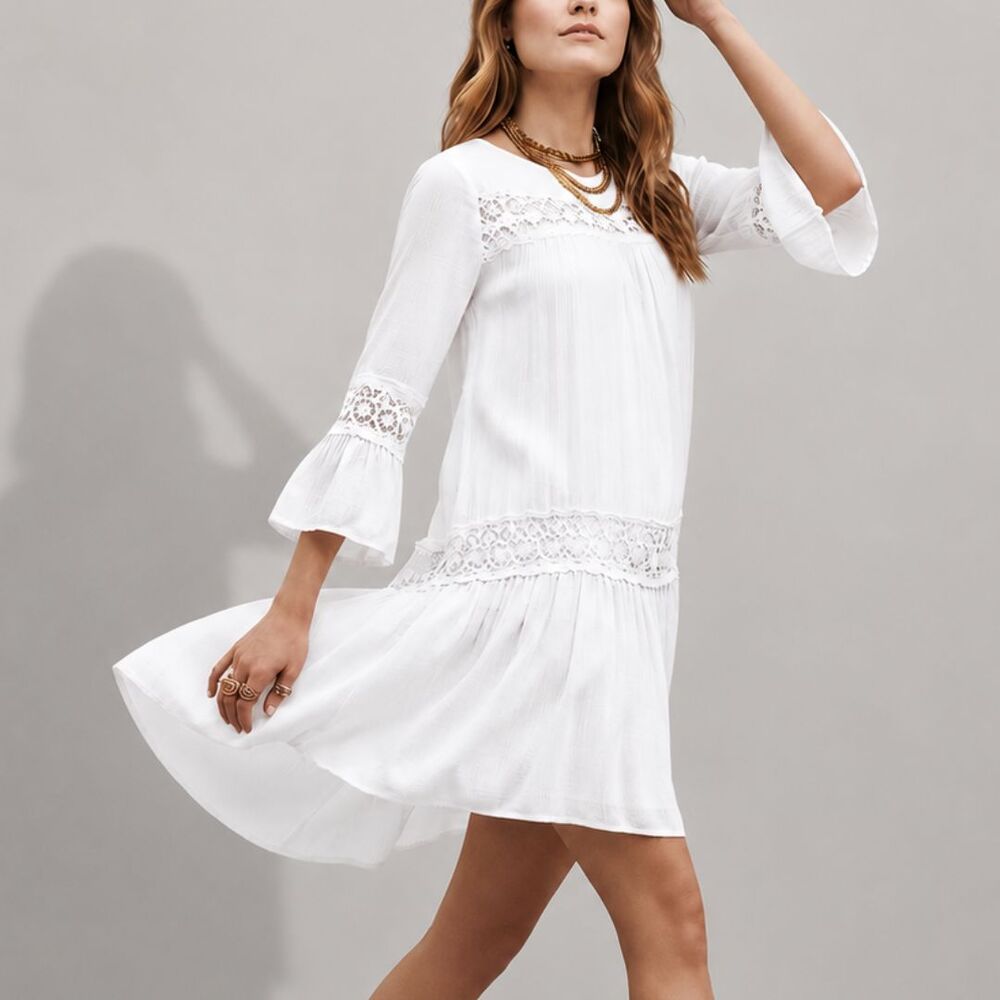 White Crochet Mini Dress Bell Sleeve Beach Resort Cottagecore Festival Summer S